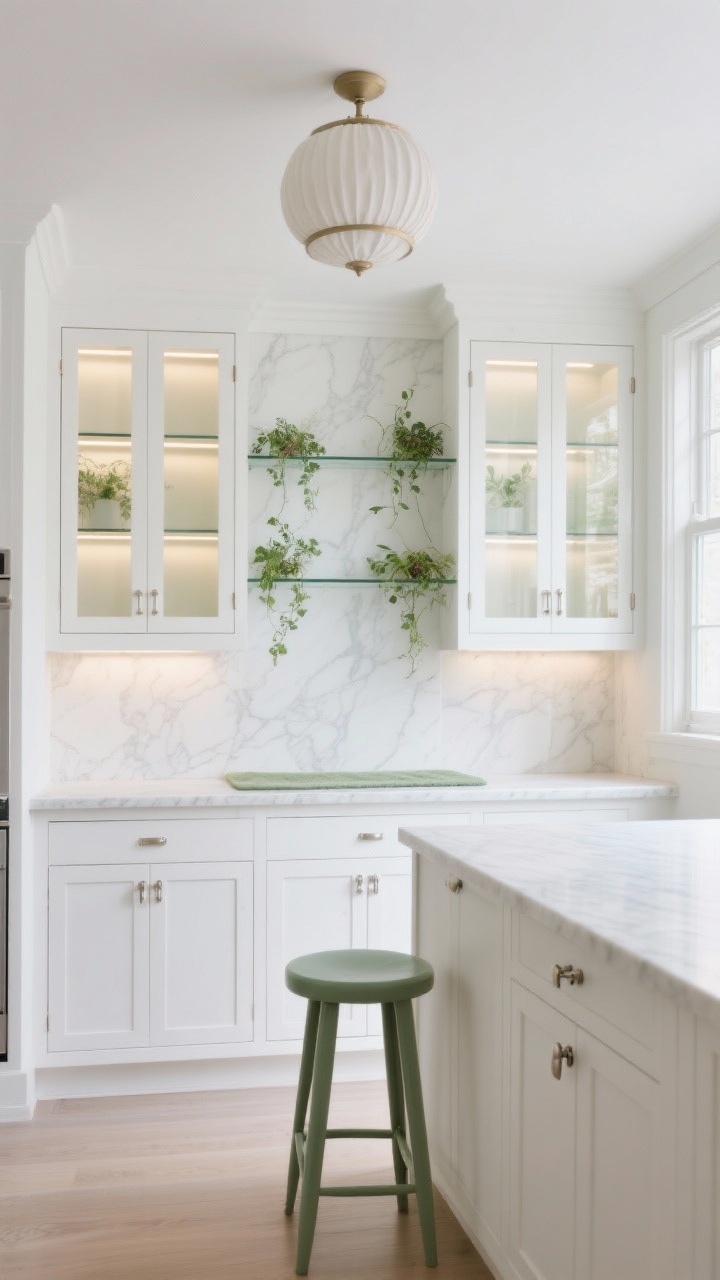 Photorealistic wide, airy “Botanical Lightbox” kitchen wall: soft white base cabinets, symmetrical glass-front uppers flanking a window, integrated glass shelves inside with hidden LED strips so the cabinet interiors glow, thin Calacatta-look quartz countertop and full-height slab backsplash reflecting light, tiny trailing plants perched on the top shelf, a muted sage runner along the floor and a single sage-painted stool at a slender peninsula, polished nickel latches for a jewel-box feel, white linen drum flush mount overhead, optional glass cabinet sides at the run ends to remove visual stop points; bright, greenhouse-meets-gallery serenity, shot at a slight angle to show depth