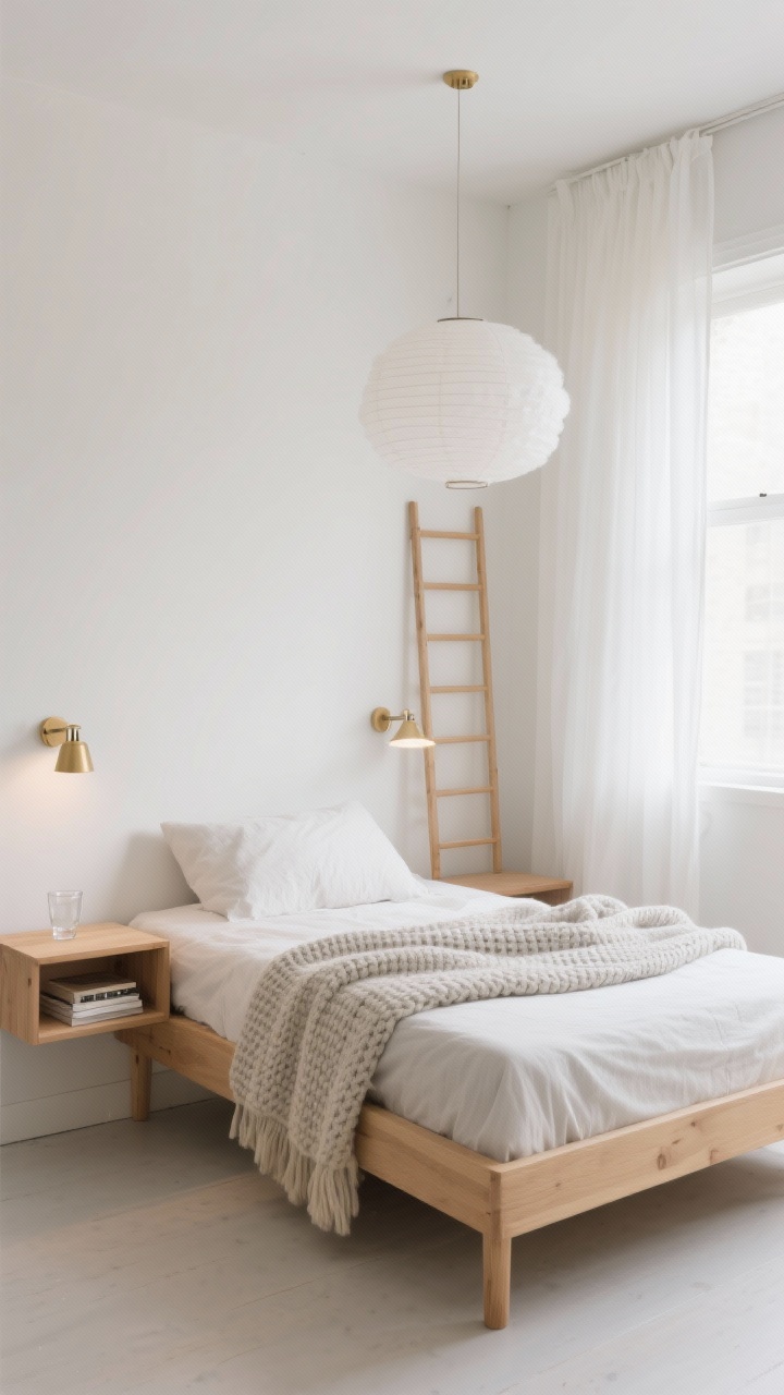 Photorealistic wide bedroom shot in soft daylight: a Scandinavian Cloud tiny room with creamy cloud-white walls and a hint of gray undertone, blond oak low platform bed with a simple linen headboard blending into the wall, gauzy white curtain filtering light, pale gray waffle blanket, chunky knit throw in soft oatmeal at the foot. Include two slim oak floating shelves as minimal nightstands (book + glass of water), a narrow blond-wood ladder rack leaning on the wall, white paper lantern pendant above, and small clip-on brass reading lights on the headboard. Furniture on legs and airy negative space for a lifted, minimal-but-warm feel.