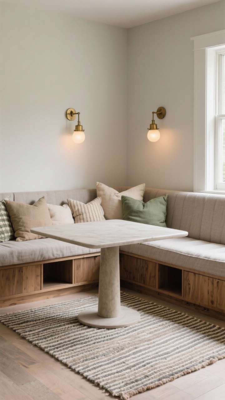 Photorealistic wide corner shot of a banquette bay: an L-shaped built-in banquette with hidden storage beneath seat panels, upholstered in washable linen, piled with mix-and-match cushions. A rectangular table with rounded corners sits in front, anchored by a striped flatweave rug. Two swing-arm sconces mounted above the backrest provide warm light. Palette: soft taupe, sage, oatmeal. Textures: linen, oak, aged brass.
