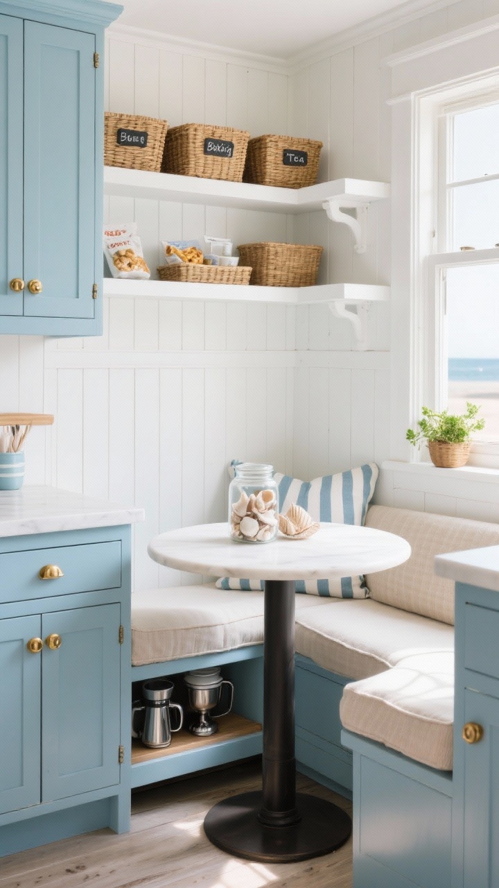 Photorealistic wide corner shot of a coastal compact kitchen nook. Soft blue cabinets with polished brass cup pulls, white beadboard backsplash, and open upper shelves in shiplap white. Wicker baskets on the shelves labeled for snacks, baking, and tea. A compact round bistro table tucked into a corner with a cushioned built-in banquette; banquette seat lifted to reveal hidden storage with mixers and tableware visible. Palette of light blue, crisp white, and natural rattan. Styled with striped cushions on the bench, a glass jar of seashells, and a small herb garden on the windowsill. Bright natural daylight for breezy, beachy mood.