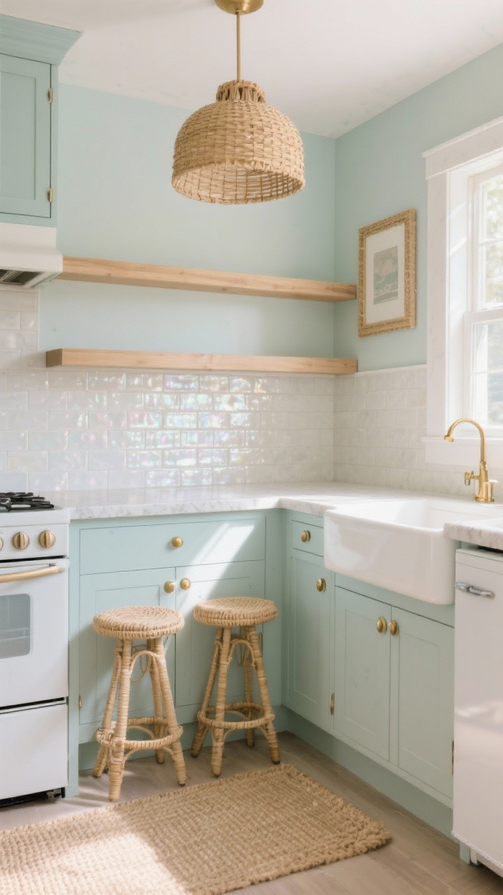 Photorealistic wide corner view of a “Coastal Breeze” tiny kitchen: lower cabinets painted misty seafoam, white oak floating shelves instead of uppers, sand-colored quartz counters, soft pearlescent subway tile backsplash that shimmers in sunlight, framed rattan pendant overhead, creamy jute runner on the floor, narrow counter-depth white fridge blending into the cabinetry, two backless woven counter stools tucked under a small overhang, brushed brass knobs and small cup pulls; warm daylight, breezy coastal mood