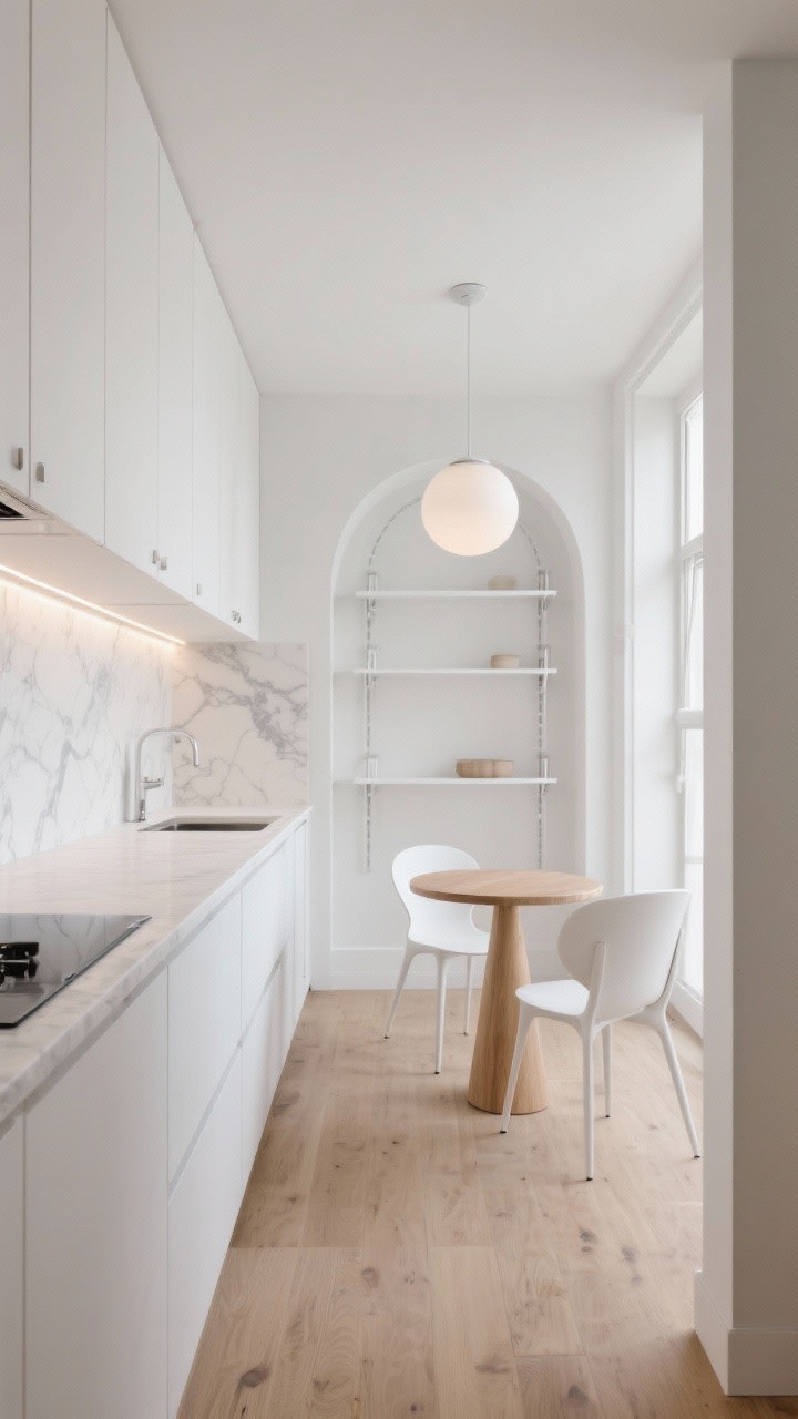 Photorealistic wide galley kitchen shot in “Nordic Cloud” style: matte white flat-front cabinets with no visible hardware, blond oak toe-kick, continuous cloud-white quartz slab backsplash running to the ceiling, slim peninsula with a cloud-white quartz waterfall edge, arched white metal open shelving with LED strip lighting beneath, opal glass globe flush mount ceiling light, small round light-oak café table with two white wishbone chairs, soft gray veining accents; gentle curves, bright natural daylight, clean Scandinavian minimalism, shot straight-on from the entry to emphasize elongation