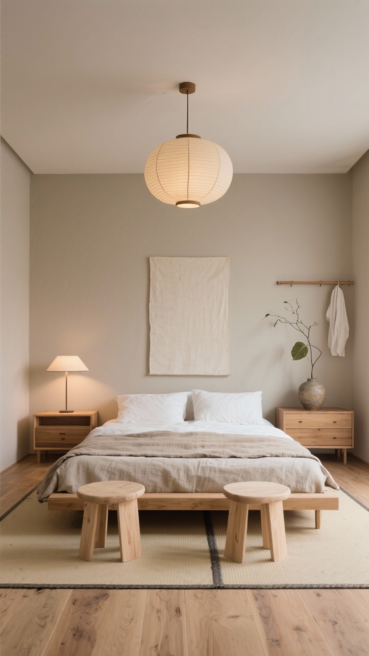 Photorealistic wide, low-angle shot capturing Japandi Calm symmetry: warm greige walls, matte natural oak floors, a centered tatami-style low platform bed with neutral bedding in stone, sand, and ivory. Two pale wood stools act as nightstands, a single oversized linen canvas above the bed for softness, and a wide, low oak dresser displaying a ceramic vase with one leafy branch. Include a minimal rail for hanging tomorrow’s outfit. Rice paper pendant overhead and a dimmable floor lamp casting a warm glow; everything low and linear to stretch the sightline.