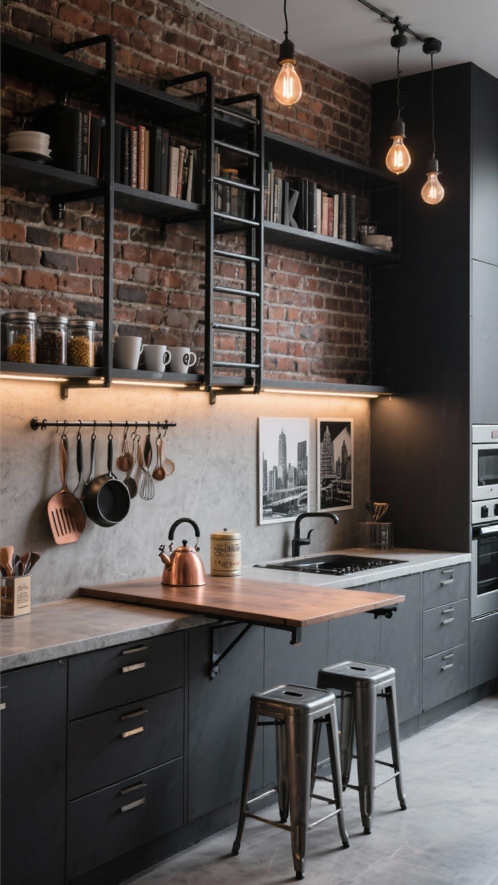 Photorealistic wide one-wall kitchen shot from a slight side angle, urban industrial vibe. Charcoal lower cabinets topped with concrete-look laminate counters, exposed brick (or convincing faux-brick) backsplash. Tall, open black metal shelves climbing the wall with a slim library-style rolling ladder on a rail. Under the lowest shelf, a rail system with hanging utensils, spice jars, and mugs; deep drawers below for pots and pans. A wall-mounted fold-down table open as a compact dining/prep spot, two metal stools tucked beneath. Swap-in speed oven integrated among appliances. Lighting mix: exposed-bulb pendants casting warm highlights and under-shelf LEDs illuminating work zones. Palette of charcoal, warm brick, matte black, hints of copper via a kettle and vintage coffee tins; black-and-white city prints add context. Textured, purposeful, no people.