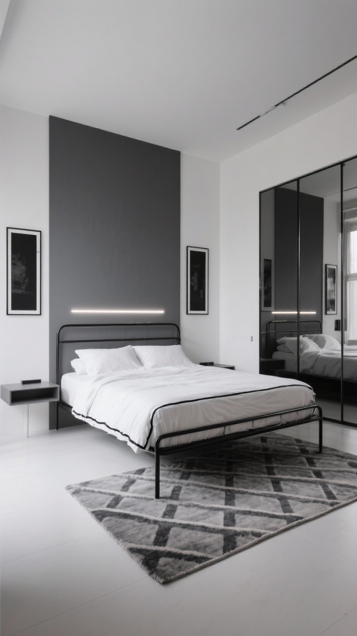 Photorealistic wide room shot from a corner angle: a monochrome modern bedroom with a charcoal-gray feature wall behind a slim black metal bed frame. The remaining walls are soft white. Floating nightstands keep the floor clear. Floor-to-ceiling mirrored closet doors on one side bounce natural light and visually expand the space. Crisp white bedding with black piping, and a tight low-pile geometric rug underfoot. A linear LED strip behind the headboard creates a subtle halo glow. Two tall, narrow black-framed art pieces flank the bed for vertical emphasis. Sleek, dramatic mood, clutter-free.