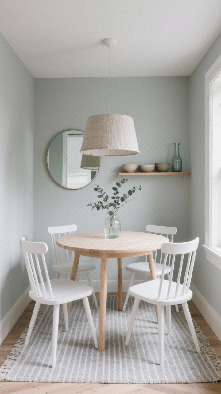 Photorealistic wide room shot of a tiny Scandinavian dining nook: a petite round pale oak table on slender legs with four low-profile white spindle-back chairs, cloud gray walls, a large round mirror reflecting light, a textured linen drum pendant overhead, a barely-there striped rug in soft gray underfoot, a slim floating shelf holding bowls and carafes, and a clear glass vase with eucalyptus on the table. Soft natural daylight, airy, minimal styling. Color story: pale oak, white, cloud gray, soft sage.