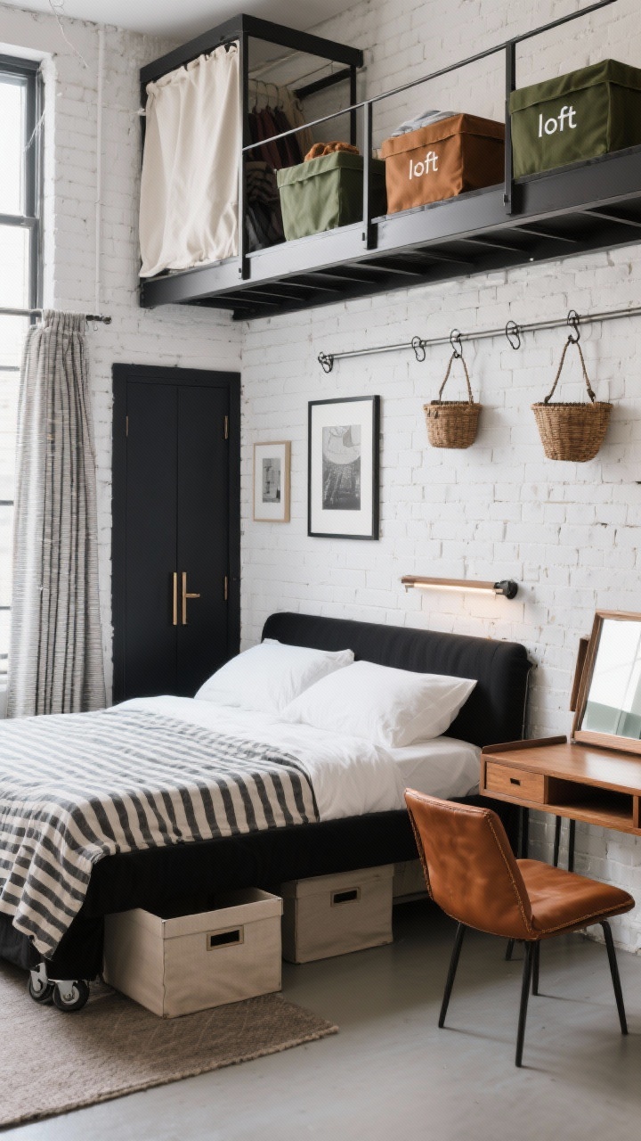 Photorealistic wide shot, artful studio-style bedroom: whitewashed brick walls, slim black canopy bed with tailored canvas skirt hiding rolling under-bed storage boxes (one slightly pulled out), wardrobe “loft” built above the door with labeled off-season bins, wall-mounted gallery rail wrapping the room with frames and a couple of hanging baskets on hooks, fold-down secretary desk in caramel leather/wood finish folded open as a vanity with a small mirror, striped linen curtains, slim picture light above the headboard; materials: brushed metal, leather pulls, canvas; palette of crisp white, black, caramel leather, olive green; creative, flexible studio vibe, even daylight.