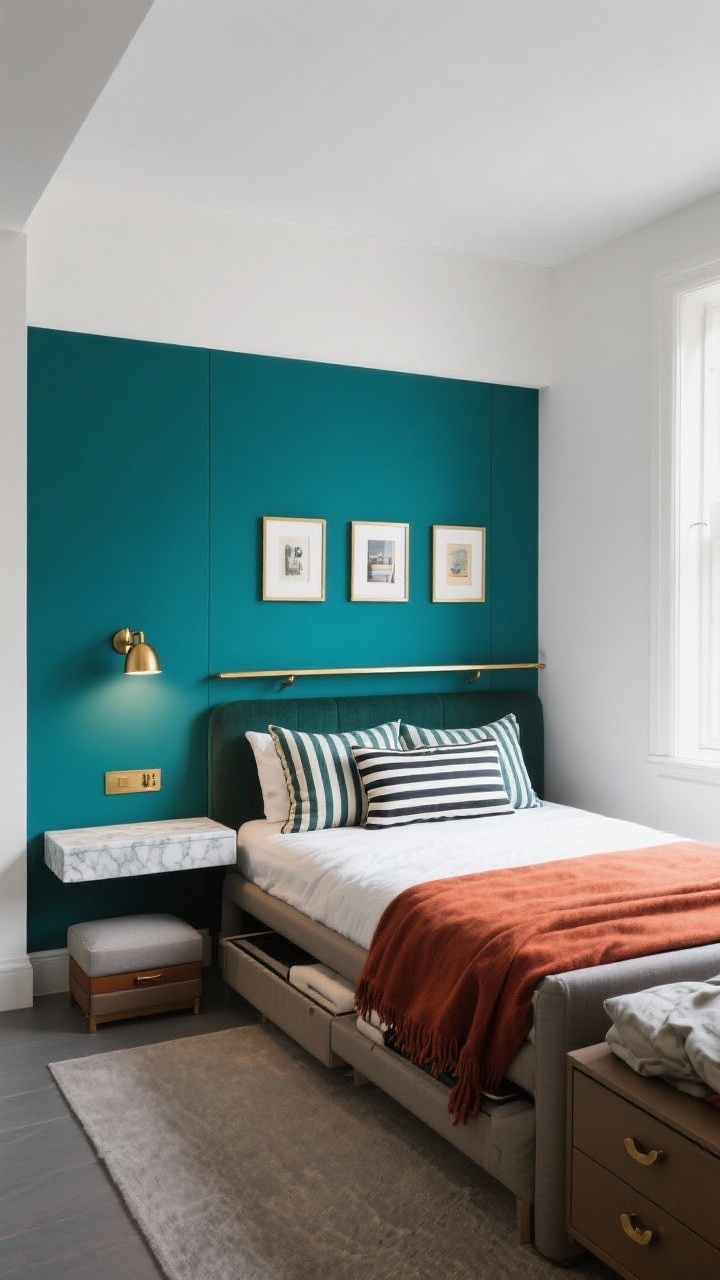 Photorealistic wide shot from a diagonal corner: a city-chic small bedroom with a bold two-tone color-blocked headboard wall—deep teal from floor to halfway up, soft white above—forming built-in architecture. A daybed with a trundle anchors the space, styled with graphic striped pillows and a punchy rust throw. Slim, gold-accented elements include a narrow brass picture ledge with a trio of framed prints arranged within the color block for a custom headboard feel, plus a floating marble-look shelf. A narrow dresser and a compact storage ottoman that hides extra pillows. Plug-in brass sconce above the picture ledge provides focused nighttime reading light. Smart, boutique-hotel vibe.