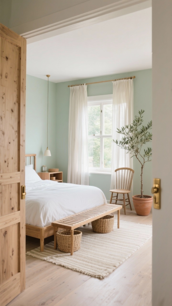 Photorealistic wide shot from the doorway, focusing on a light-first Scandinavian retreat. A wood-frame bed faces a bright window dressed with sheer linen curtains hung high and wide, pale sage walls and natural oak finishes throughout. At the foot of the bed sits a slatted bench; to the side, a spindle-back chair acts as a catch-all. Open cubby nightstands with woven baskets keep the look airy. A pale cream flatweave rug with a subtle stripe runs under the bed. One tall olive tree in a clay pot softens a corner. Warm brushed brass handles and a delicate pendant provide understated accents; daylight floods the space for a breezy, expanded feel.