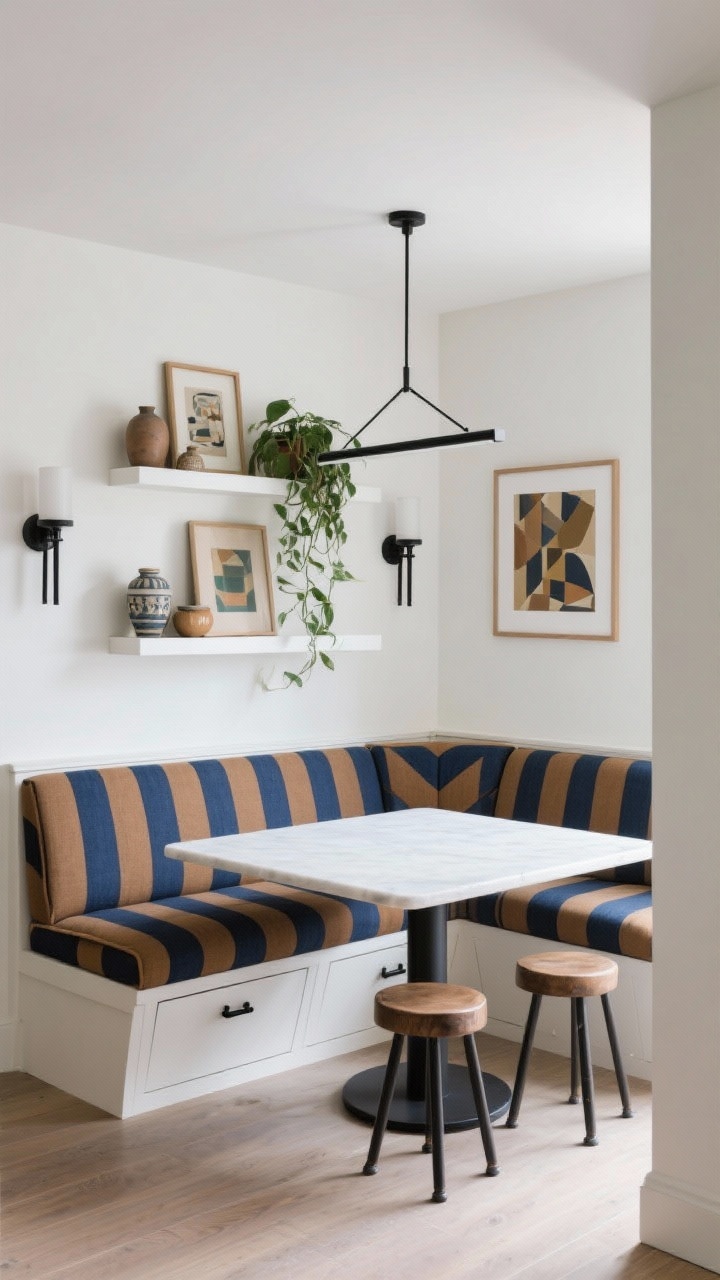 Photorealistic wide shot of a built-in banquette dining area along one wall: a bench with hidden storage upholstered in a bold statement stripe or geometric print, color palette of ink blue, camel, and crisp white. A rectangular table with rounded corners sits in front, with two small pedestal stools opposite the banquette. Above the bench, a ledge shelf displays layered art, small ceramics, and a trailing plant. Matte black hardware for pulls and table base; lighting via a linear chandelier centered over the table or double sconces flanking the art. Intentional, space-saving, built-in look; corner angle perspective to show clear traffic flow on the open side.