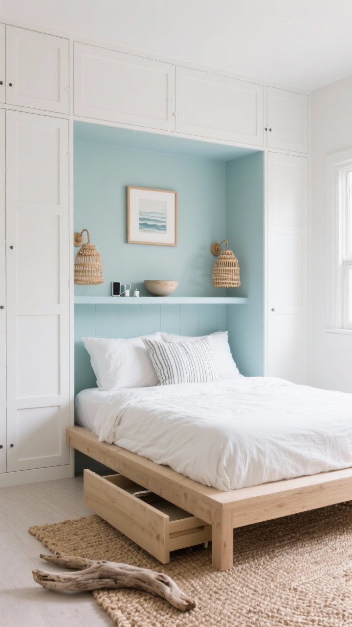 Photorealistic wide shot of a coastal-inspired small bedroom with a custom built-in wall niche bed: matte white cabinetry framing both sides, a shelf spanning the headboard, and the inside of the niche painted soft sea-glass blue; pale oak platform bed with a long drawer slightly open; linen bedding in crisp white with striped pillows; rattan sconces mounted on the niche; woven jute rug underfoot; driftwood-framed art above the shelf; a small ceramic bowl on the shelf holding phone chargers; soft natural daylight for airy, minimalist coastal vibes, straight-on angle showing full niche and storage