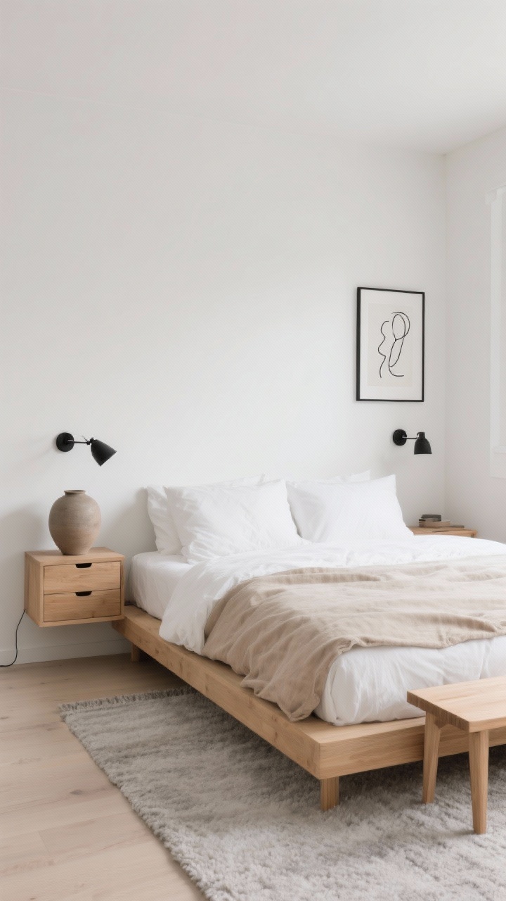 Photorealistic wide shot of a Japandi small bedroom: low-profile light oak platform bed with crisp white cotton percale sheets, a warm sand linen duvet, and a nubby pale gray wool flat-woven rug sliding under the bed; floating oak nightstands with hidden drawers flank the bed, each with matte black swing-arm sconces tucked close to the wall; palette of powder white, oatmeal, pale gray with subtle black accents; a single oversized ceramic vase and a framed black line drawing provide minimal decor; a slim oak bench at the foot leaves ample walkway; soft natural daylight, clutter-free, calm, and airy.