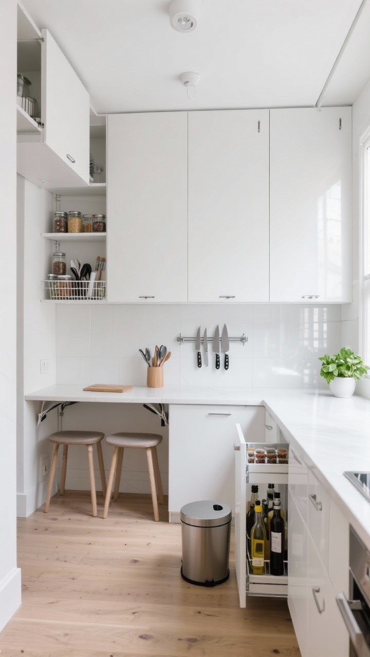 Photorealistic wide shot of a micro-loft minimalist kitchen from an elevated corner angle. All-white flat-slab cabinetry with push-latch and hidden hinges, a waterfall-edge counter on one side, and a high-gloss backsplash panel reflecting light. Pale oak flooring. Ceiling-hung cabinets with push-latch doors for rarely used items; under the uppers, a rail-and-basket system with everyday utensils and jars. A wall-mounted fold-down table deployed as a prep zone with two stools that nest beneath. Narrow pull-out corner towers extended slightly to reveal spices and oils. Chrome magnetic knife bar and a single potted basil on the counter; a compact countertop compost bin tucked in a corner. Bright, crisp lighting emphasizing sleek minimalism and vertical storage.