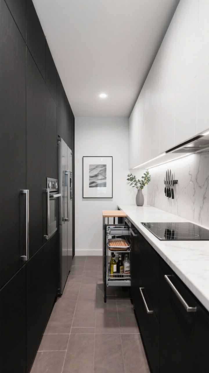 Photorealistic wide shot of a modern monochrome galley kitchen in a narrow space, straight-on view down the corridor. Flat-front matte black lower cabinets with slim chrome edge pulls, soft white upper cabinets, and a continuous white quartz countertop and full-height backsplash with faint veining. Panel-ready dishwasher and counter-depth fridge blend into cabinetry, a flush induction cooktop nearly invisible on the counter. A narrow pull-out pantry by the oven slightly ajar showing oils and baking trays. Low-profile LED strips under the uppers bounce light off the quartz for a bright, expanded feel. Large-format warm gray porcelain tile flooring elongates the room. Minimal styling: magnetic knife rail, a grayscale statement art print, a slim vase with eucalyptus green stems, and a fold-down wall table in the closed position. Clean, glossy chrome accents; no people.