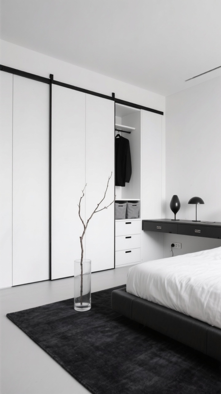 Photorealistic wide shot of a monochrome minimalist bedroom: a full-wall sliding panel closet system in matte white with slim black tracks, one panel partially open revealing hanging space, drawers, and a pull-out desk with a hidden power strip; bed with an extra-long low headboard cabinet featuring push-latch doors, labeled soft bins inside one open section; styled top with two sculptural lamps and a single tall branch in a clear glass cylinder for drama; palette of white, black, and a deep charcoal rug; crisp, even lighting to emphasize clean lines and calm order
