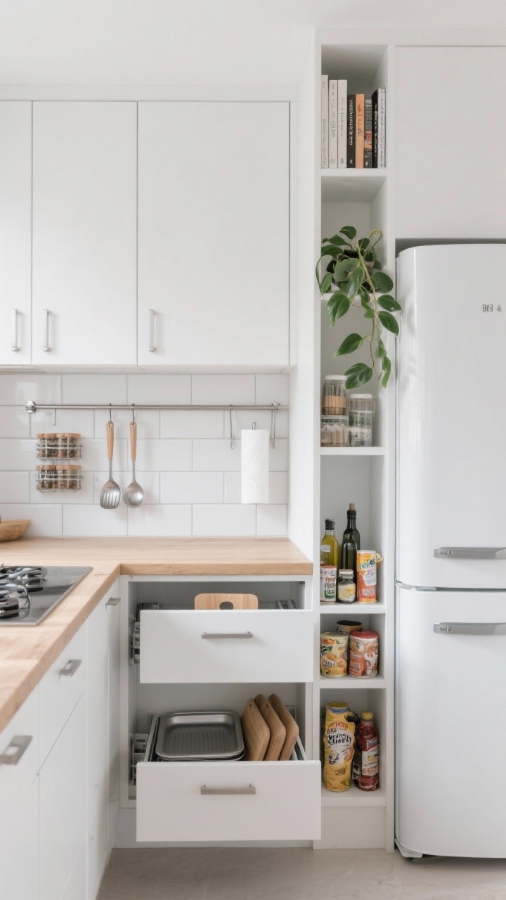 Photorealistic wide shot of a Scandinavian slimline small kitchen, straight-on view. Matte white flat-front cabinets with integrated handles, blond ash countertops, and a white subway tile backsplash with pale gray grout. A slim open rail system spans the backsplash holding hooks with ladles, a narrow spice rack, and a hanging paper towel roll. Below, deep toe-kick drawers slightly open to reveal sheet pans and cutting boards; a tall pull-out pantry next to the fridge extends with organized oils, cans, and snacks. Palette of white, pale wood, and soft gray; brushed nickel ultra-minimal hardware. Add a slender wall ladder shelf with a few cookbooks and a leafy plant. Soft natural daylight, calm and airy mood, clutter-free.