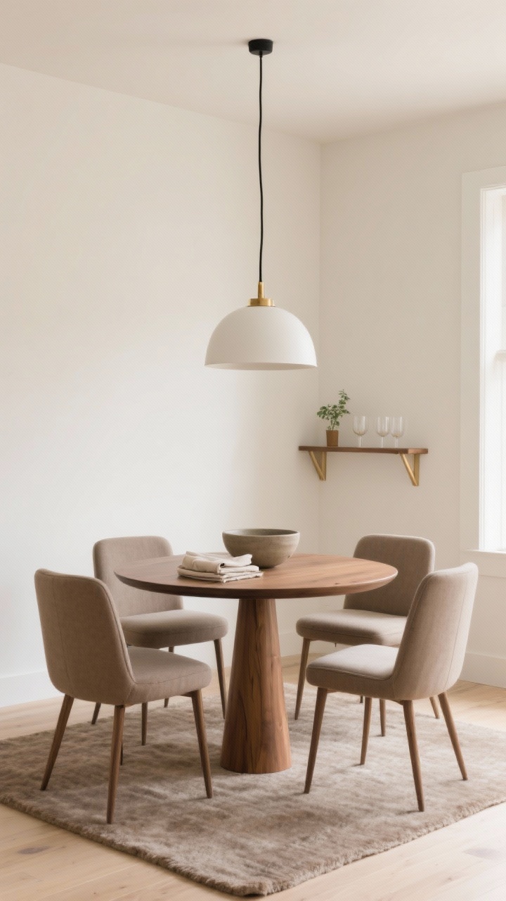 Photorealistic wide shot of a warm minimalist dining nook in an open-plan space: a 36–42” round matte oak pedestal table centered on a low-pile wool rug in soft taupe, four slim fabric-upholstered chairs in warm greige, warm white walls with a hint of cream, accents of brushed brass and black metal. A simple white ceramic dome pendant hangs on a thin black cord directly over the table. Styling includes a single stoneware bowl or neat stack of linen napkins on the tabletop, and a slim wall-mounted shelf holding a few glasses and a tiny plant. Natural daylight, uncluttered sightlines, calm and serene mood, straight-on perspective.