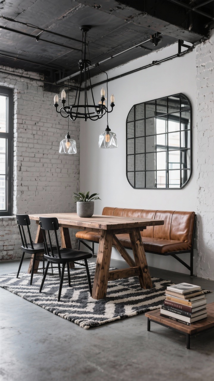 Photorealistic wide shot of an industrial loft dining corner: a reclaimed wood trestle table with matte black metal café chairs and a backless leather bench (cognac tone) on one side that slides under when not in use. Graphic flatweave rug in charcoal and cream defines the zone. Overhead lighting as a black steel multi-arm chandelier or a pair of prismatic glass pendants. On the wall, a black grid mirror reflects light and enlarges the space. Palette of charcoal, walnut, cognac, and matte black; decor includes a concrete planter and stacked coffee table books. Optional exposed brick or whitewashed walls. Urban, edgy, functional; corner angle perspective.