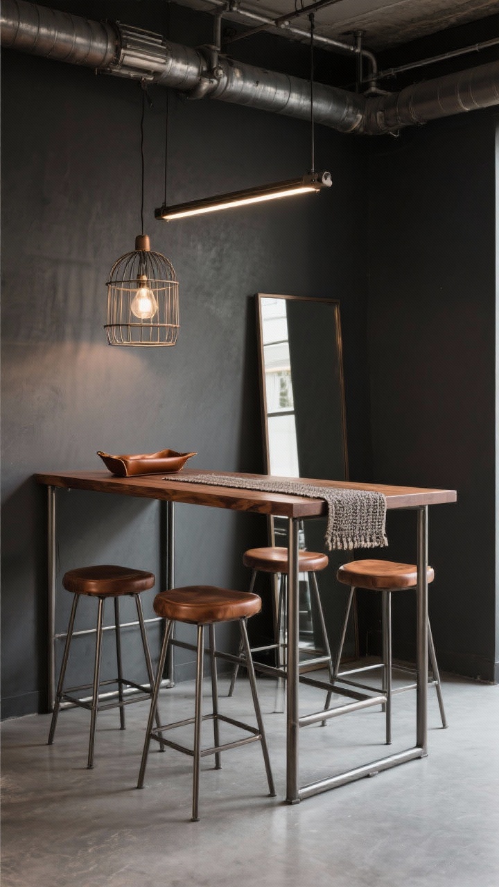 Photorealistic wide shot of an industrial-luxe counter-height perch: a counter-height table with a slim metal base and narrow mango wood top, lined with two to three stools. Overhead, a caged pendant or track lighting provides focused illumination. Add a leather catchall tray and a textured runner on the surface, and a leaning floor mirror reflecting the setup to double light and space. Palette: charcoal, cognac, smoked bronze. Textures: metal, grained wood, leather.