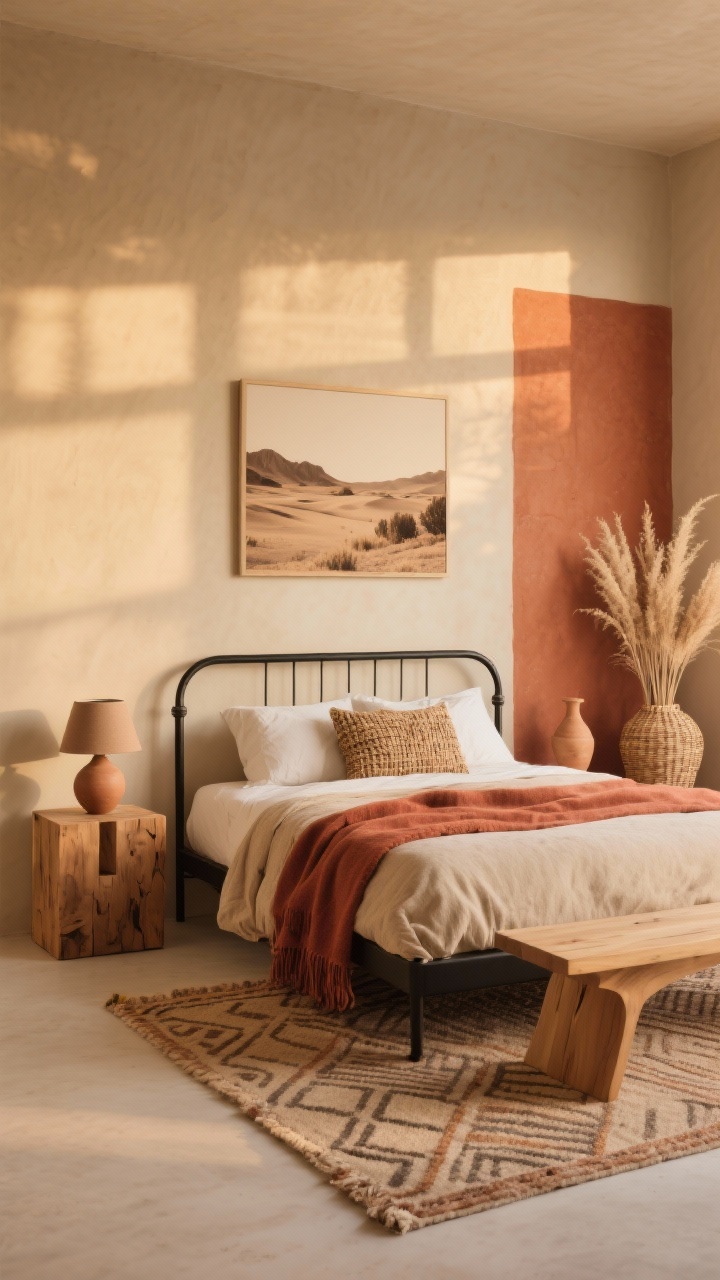 Photorealistic wide shot of Desert Modern warmth at golden hour: pale warm sand walls with a terracotta accent wall behind a slim black metal bed frame with rounded corners. Low sculptural wood bench at the foot, chunky natural-wood cube nightstands topped with matte clay ceramic lamps. Layered textures: nubby oatmeal duvet, rust-colored throw, flatweave rug with subtle geometric pattern. A single oversized sepia landscape photo above the bed, woven wall basket, clay vessels, and dried grasses adding sculptural height. Cozy, sun-soaked ambience with long soft shadows.