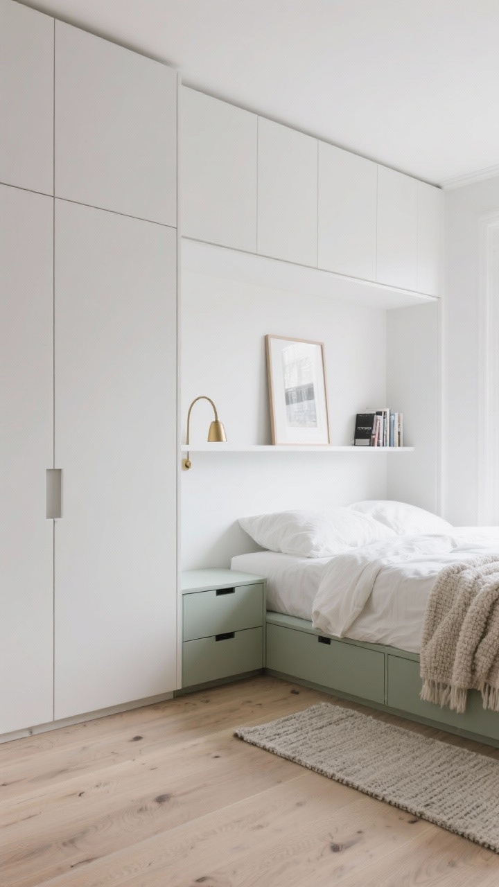 Photorealistic wide shot, Scandinavian sleep nook: airy white walls, pale oak floors, full-height built-in wall wardrobe with flat matte push-to-open doors (no handles), low platform bed slightly off-center with two deep drawers on one side, shallow wall-to-wall headboard niche above bed holding a single oversized framed print leaning and a few books, narrow wall-mounted night shelf, bouclé throw, light linen duvet, wool runner, slim arched brass sconce; palette of white, soft gray, pale oak, hint of muted sage; soft natural daylight, calm minimal warm mood, clutter-free.