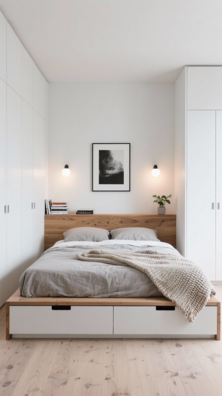 Photorealistic wide shot, straight-on view: a Scandinavian sleep nook with a low-profile platform bed featuring built-in under-bed drawers, nestled between two custom matte-white, floor-to-ceiling wardrobes. A warm oak headboard runs wall-to-wall and doubles as a slim shelf holding a small stack of books, a tiny plant, and a single oversized black-and-white art print above for graphic balance. Palette is light and airy: white walls, pale wood floors, soft gray textiles, linen bedding in stone/sand, and a chunky knit throw for texture. Minimal sconce lights are mounted to the headboard, creating soft, warm illumination. No people, clean and calm atmosphere.