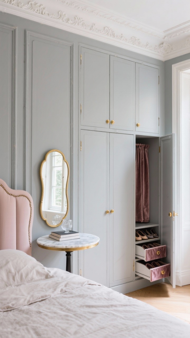 Photorealistic wide shot, straight-on view of a Parisian petite bedroom wall: floor-to-ceiling wardrobes disguised with classic wall moldings in soft dove gray, brass knobs aligned, and a narrow cornice meeting the ceiling; a flaxy linen upholstered bed with a scalloped edge centered; petite marble-topped bistro table acting as a nightstand with a small book and glass; vintage gold mirror reflecting window light; wardrobe doors slightly open to reveal shallow pull-out shoe trays and a velvet-lined accessory drawer; palette of dove gray, soft blush accents, antique gold, and crisp white trim; bright daylight for elegant Parisian charm