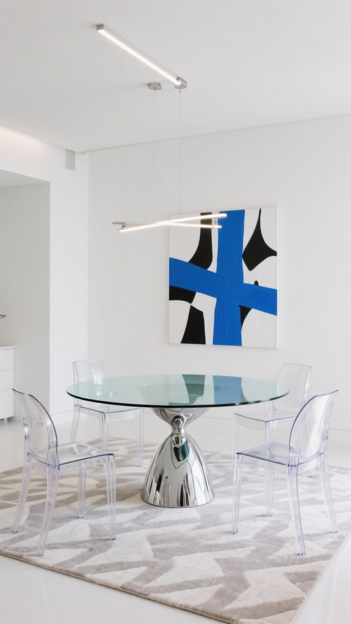 Photorealistic wide, straight-on shot of a modern glass-and-chrome dining area: a round glass-top table with a sculptural chrome base centered on a subtle tone-on-tone geometric rug, surrounded by armless clear acrylic chairs that visually disappear. Bright white walls, a sleek linear LED fixture overhead casting even gallery-like light, and a single oversized abstract artwork on one wall in black, white, and a vivid cobalt accent. High clarity, light-catching reflections without glare.