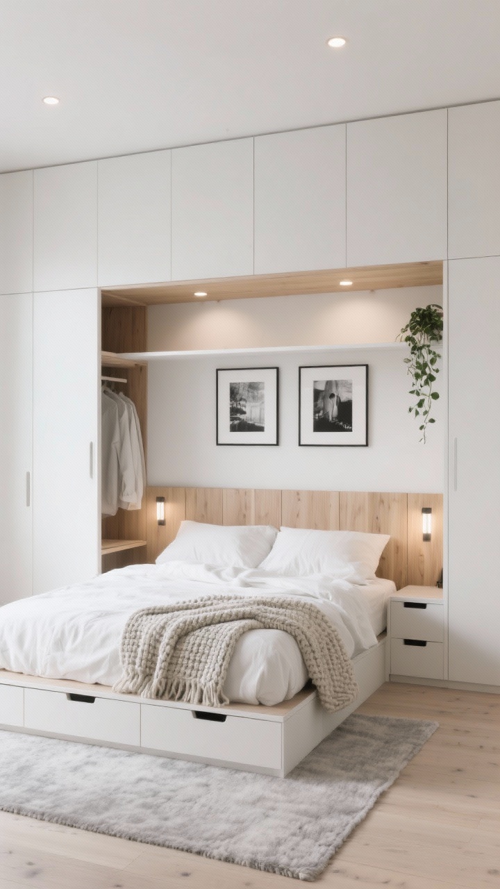 Photorealistic wide straight-on shot of a Scandinavian storage-smart bedroom: built-in wardrobes wrapping the bed with a bridge cabinet overhead, finished in soft white; warm ash/birch headboard panel unifying the niche; puck lights recessed under the bridge cabinet illuminating simple white bedding with one textured knit throw; platform bed with drawers; pale gray wool rug grounding the space; minimal sconces and slim pull-out shelves hinted inside an open wardrobe door; two framed black-and-white photos above the headboard and a single trailing plant on the wardrobe shelf; serene, clutter-free light.