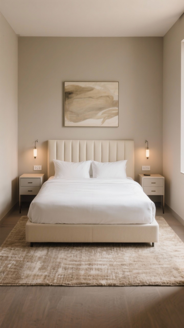 Photorealistic wide, straight-on shot of a small square bedroom styled as a hotel-chic symmetry suite. A low-profile upholstered bed is centered on the main wall with a channel-tufted headboard, bone-white bedding, and a textured oatmeal area rug tucked under the front half of the bed. Matching slim nightstands flank the bed, each with petite wall-mounted plug-in sconces above. Walls are warm greige, with one large centered muted abstract artwork above the headboard. The bed is a storage bed with drawers slightly visible. Lighting is soft, warm, and even, evoking an upscale boutique hotel; no clutter, crisp lines, serene mood.