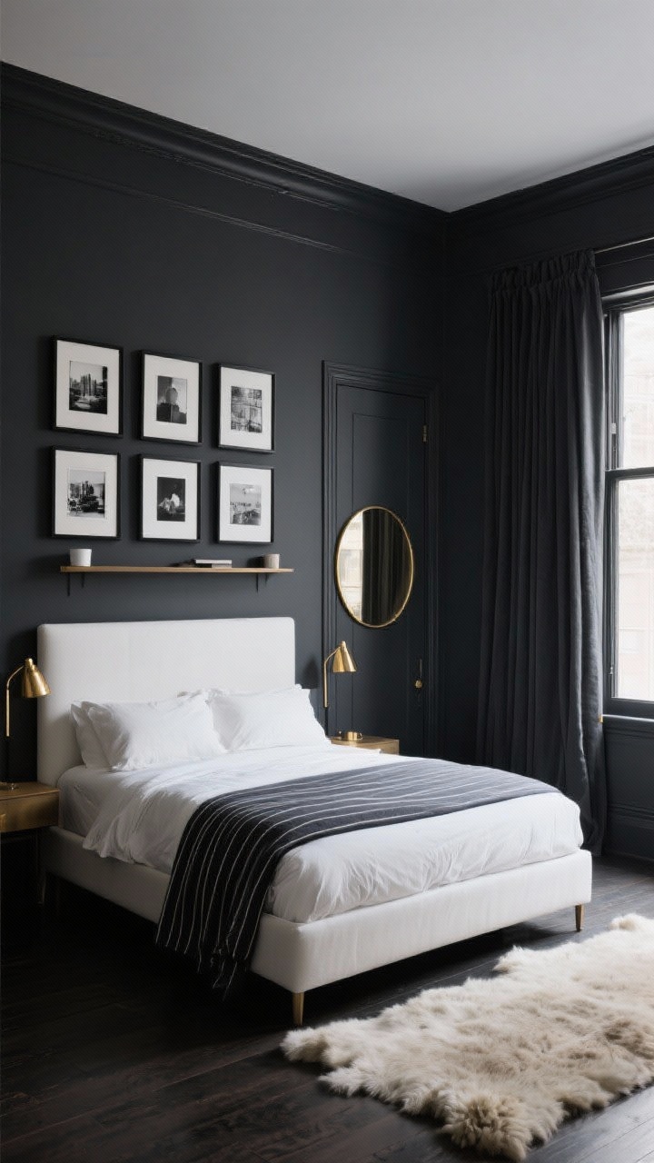 Straight-on medium-wide of a bold graphite box bedroom: walls, trim, and door painted deep graphite. A clean white headboard centered, bedding layered in whites with a charcoal pinstripe duvet. Tight gallery wall of black-and-white photography in matching black frames arranged over the bed. Slim wall-mounted shelves in place of nightstands hold minimal objects; plug-in brass arm lamps add warm highlights. On the floor, a faux sheepskin runner on one side. A skinny wardrobe hidden behind floor-to-ceiling graphite curtains along one wall; opposite the window, a brass round mirror reflecting light. Palette: graphite, white, brass, black. Dramatic yet crisp lighting, photorealistic, no people.