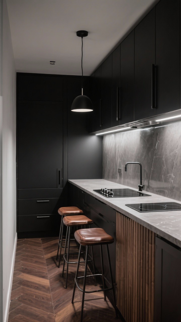 Wide-angle galley view, slightly off-center, of an urban matte black kitchen: matte black cabinetry with finger-pull channels, concrete-look quartz counters, and a narrow 18–20 inch deep bar-height island with steel legs and a fluted wood front. A two-burner induction hob integrated at one end of the island. Smoked mirror backsplash reflecting subtle light, a single linear LED black pendant above, slim metal-frame stools with saddle leather seats, and espresso-brown herringbone LVP flooring. Moody, refined lighting with crisp highlights.