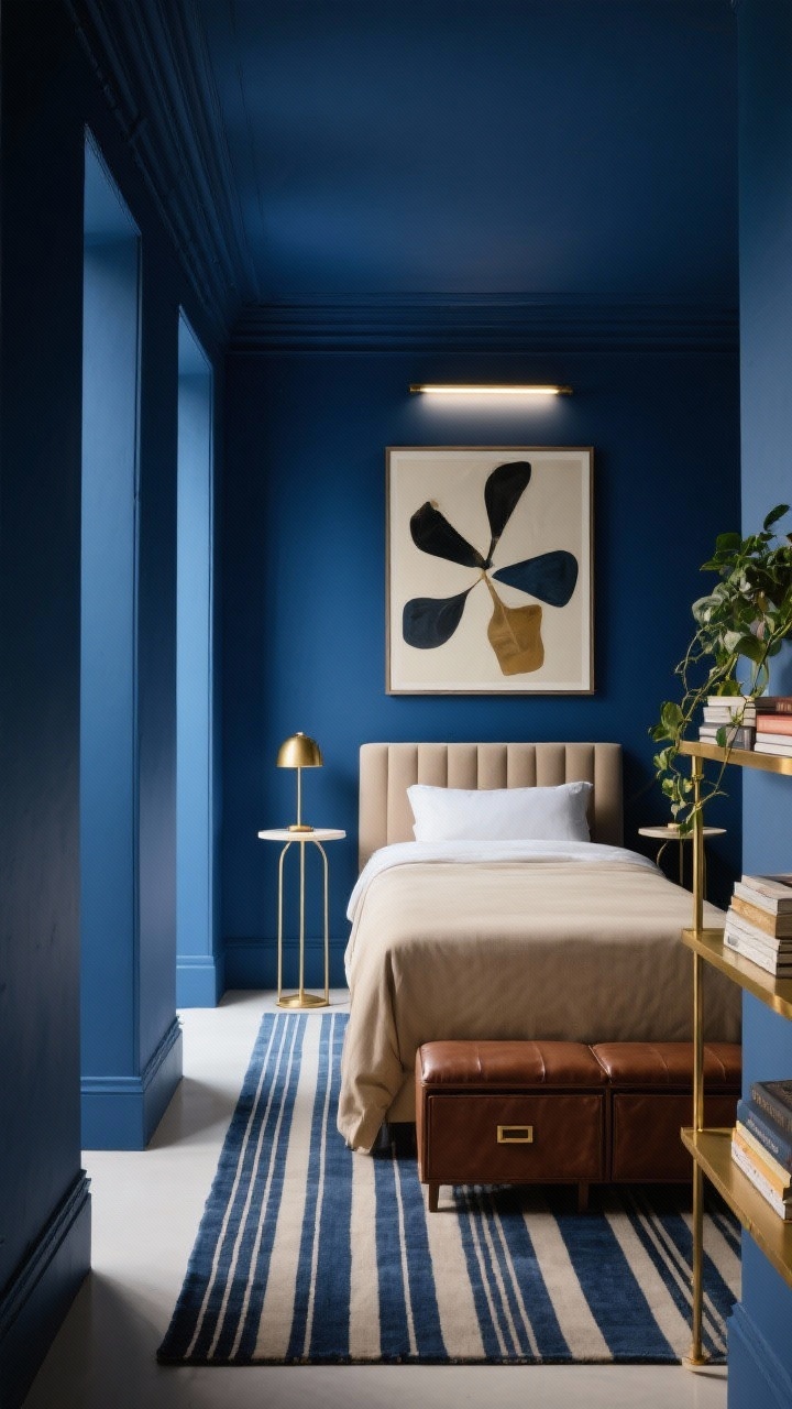 Wide corner angle of a bold corridor-style narrow bedroom: walls and ceiling drenched in deep inky blue, lengthwise striped runner rug emphasizing the long footprint; slim upholstered bed in oatmeal centered with two thin pedestal tables as nightstands; a single oversized abstract artwork above the headboard anchored by a slimline LED picture light; tiny brass task lamp on a pedestal, underbed drawers with leather pulls slightly open, and a narrow brass-framed shelf with stacked books and a small trailing plant; dramatic, luxe, controlled lighting.