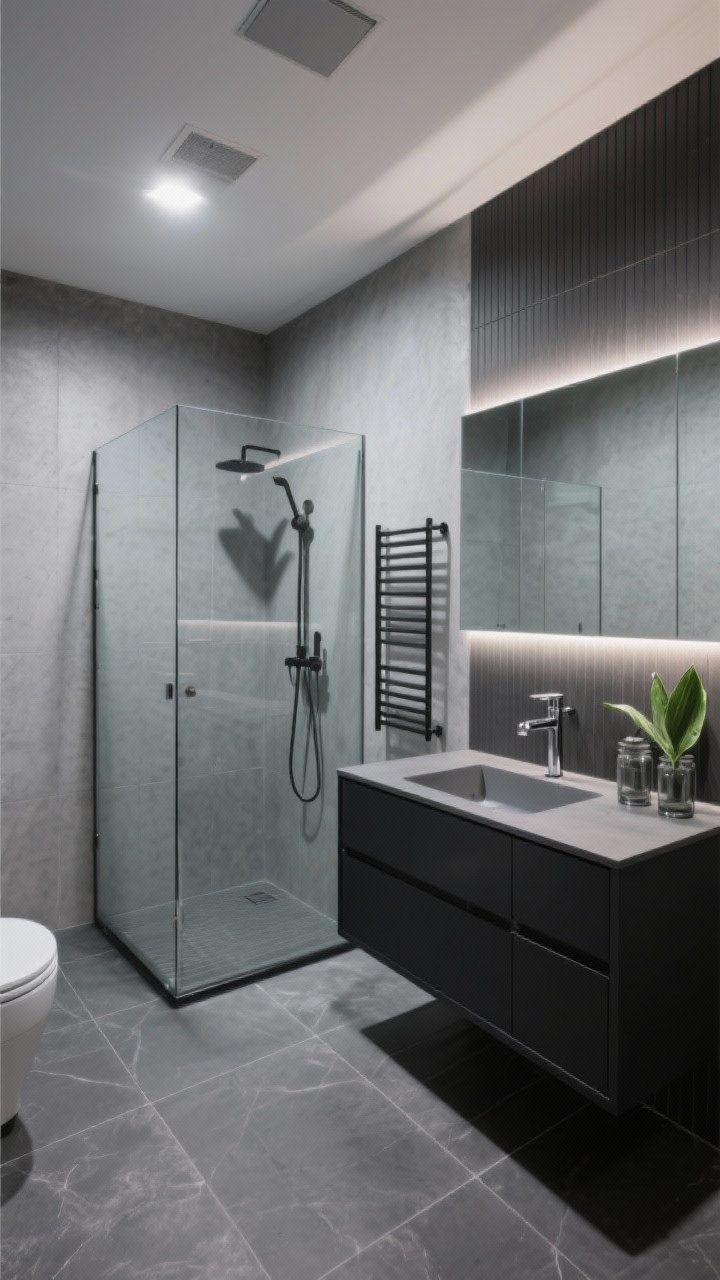 Wide corner shot, Graphite and Glass Urban Loft: graphite porcelain slabs on the floor and one accent wall; frameless glass cube shower with recessed ceiling light wash; remaining walls in soft smoke gray; matte black vanity with solid-surface integrated storm-gray sink; edge-lit rectangular mirror and discrete LED cove lighting under the vanity; thin black ladder towel rack, smoked-glass canister set, minimal rubber plant; hardware in polished chrome for crisp highlights; sleek, urban mood with controlled, cool lighting.