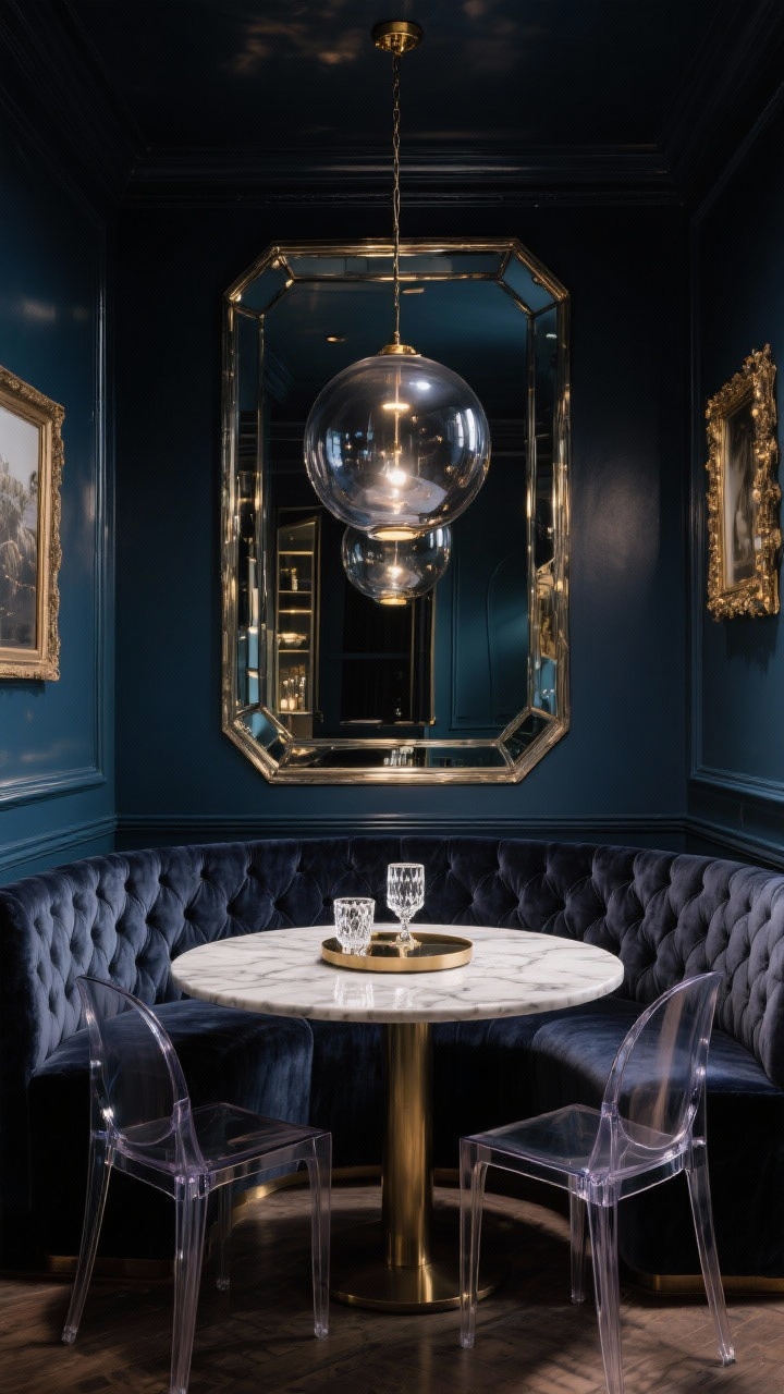 Wide, Glam Mirrored Niche: full-height antiqued mirror panel behind a narrow oval pedestal table, visually doubling the small space. Plush channel-tufted banquette in ink velvet set against the mirror; two acrylic ghost chairs maintain airiness. Smoked glass globe pendant overhead with brushed brass accents. Deep jewel-toned palette with metallic highlights. Slim picture frame molding painted to match walls. On the tabletop, a marble lazy susan and faceted crystal tumblers catching light. Evening scene with moody sparkle and reflective glow, straight-on luxurious composition.