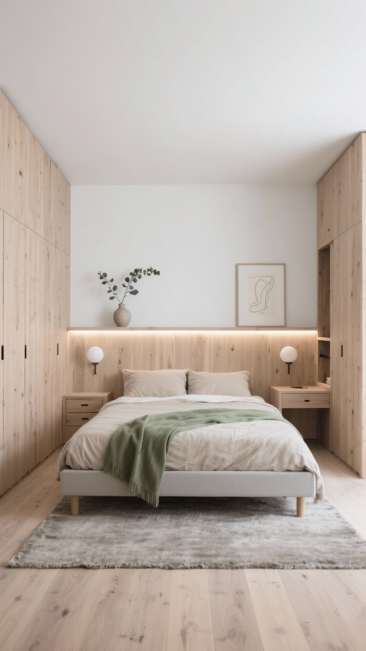 Wide, minimalist Scandinavian bedroom, straight-on: pale oak built-in wardrobes wrapping around a queen bed centered between them. Integrated oak paneled headboard with a narrow ledged shelf holding ceramic bud vases, a single eucalyptus branch, and a framed line drawing. Warm white walls, light wood floors, simple box-leg platform bed. Linen bedding in oatmeal with a sage throw, low-pile wool rug underfoot. Soft, indirect glow from a continuous LED strip beneath the headboard shelf, plus petite white globe sconces. Across from the bed, a built-in niche with a narrow desk/vanity. Hidden under-bed drawers subtly shown. Palette: warm white, light oak, soft gray, sage. Photorealistic, calm, no people.
