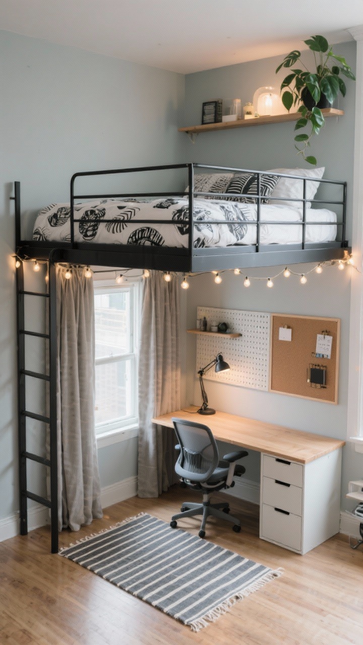Wide overhead corner shot, corner desk + loft combo: full-size loft bed with a sleek matte black metal frame, walls painted soft greige; under the loft, a corner desk with a task lamp and cork board; curtain panels along the loft underside creating an office cocoon; rolling drawers under the desk, wall-mounted pegboard organizing accessories; compact ergonomic chair that slides fully under the desk; bedding with a graphic duvet atop the loft, a striped runner rug drawing the eye lengthwise; string lights wrapped around loft rails and a leafy plant on the top shelf; bright but cozy apartment lighting, photorealistic.