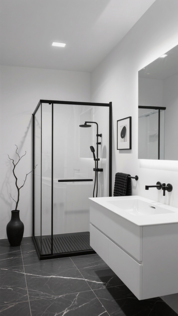Wide room shot, Monochrome Minimalist Gallery bathroom: a matte black-framed walk-in shower with ultra-clear glass and a low-profile linear drain; large-format charcoal porcelain tile floors with fine veining; gallery-white walls; a slim floating white lacquer vanity with integrated black pulls; a slim backlit mirror above a narrow picture ledge holding a single framed abstract print; brushed black hardware throughout (faucets, shower trim, towel bar, robe hook); minimal decor including a single sculptural vase with a branch and a folded black waffle towel; dramatic contrast lighting with soft backlight and clean lines; photorealistic, straight-on view.