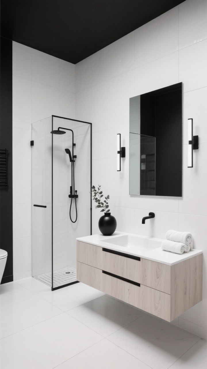 Wide shot: A minimalist black-and-white bathroom sanctuary with matte black fixtures against white large-format porcelain walls, a floating white oak slab vanity with thin integrated pulls and a seamless rectangular integrated sink, a wall-to-wall rimless mirror reflecting a walk-in glass shower with a linear drain, oversized white floor tiles with ultra-thin grout lines, hidden storage and flush baseboards, simple linear sconces, minimal decor of a single black ceramic vase, rolled white towels, and a tiny eucalyptus sprig; bright, even lighting emphasizing negative space; camera at straight-on eye level.