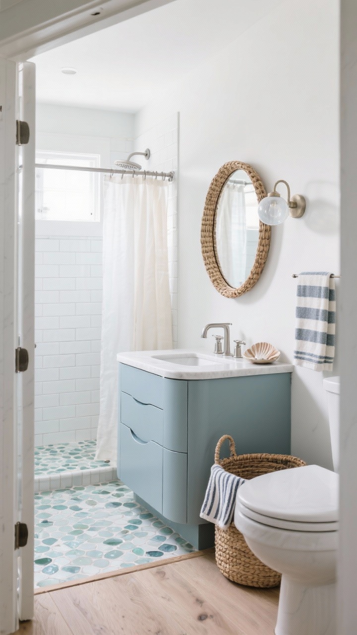 Wide shot: Coastal calm bathroom with modern curves—soft blue-gray vanity with curved cabinet fronts and a thin white quartz countertop, topped by a round rattan mirror; shower shows sea-glass hex tile floor and stacked white subway wall tiles; brushed stainless fixtures throughout; pale oak-look porcelain plank flooring; decor includes striped Turkish towels, woven laundry basket, ceramic shell dish; frosted globe sconce and a lightweight linen shower curtain catching a gentle breeze; bright, airy daylight; camera from doorway at slight angle.