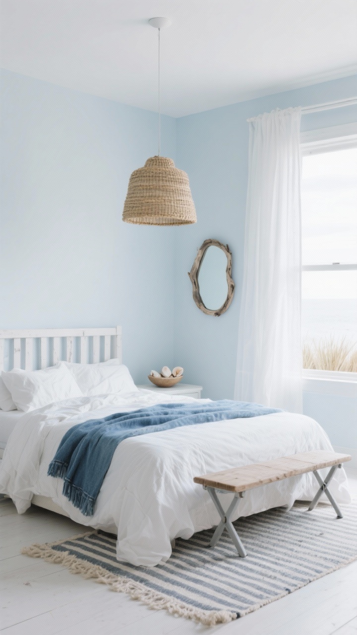 Wide shot, Coastal Cloud Minimalism: barely-blue white walls with diffuse daylight; sheer white curtains billowing slightly; whitewashed slatted bed with crinkled white bedding, a denim-blue throw, and a soft striped rug echoing shoreline lines; collapsible bench tucked neatly at the foot of the bed; single driftwood-framed mirror on the wall and a small bowl of shells on the windowsill; woven seagrass pendant overhead warming the whites; palette of cloud white, pale blue, soft denim, whitewash; breezy, straight-on view.