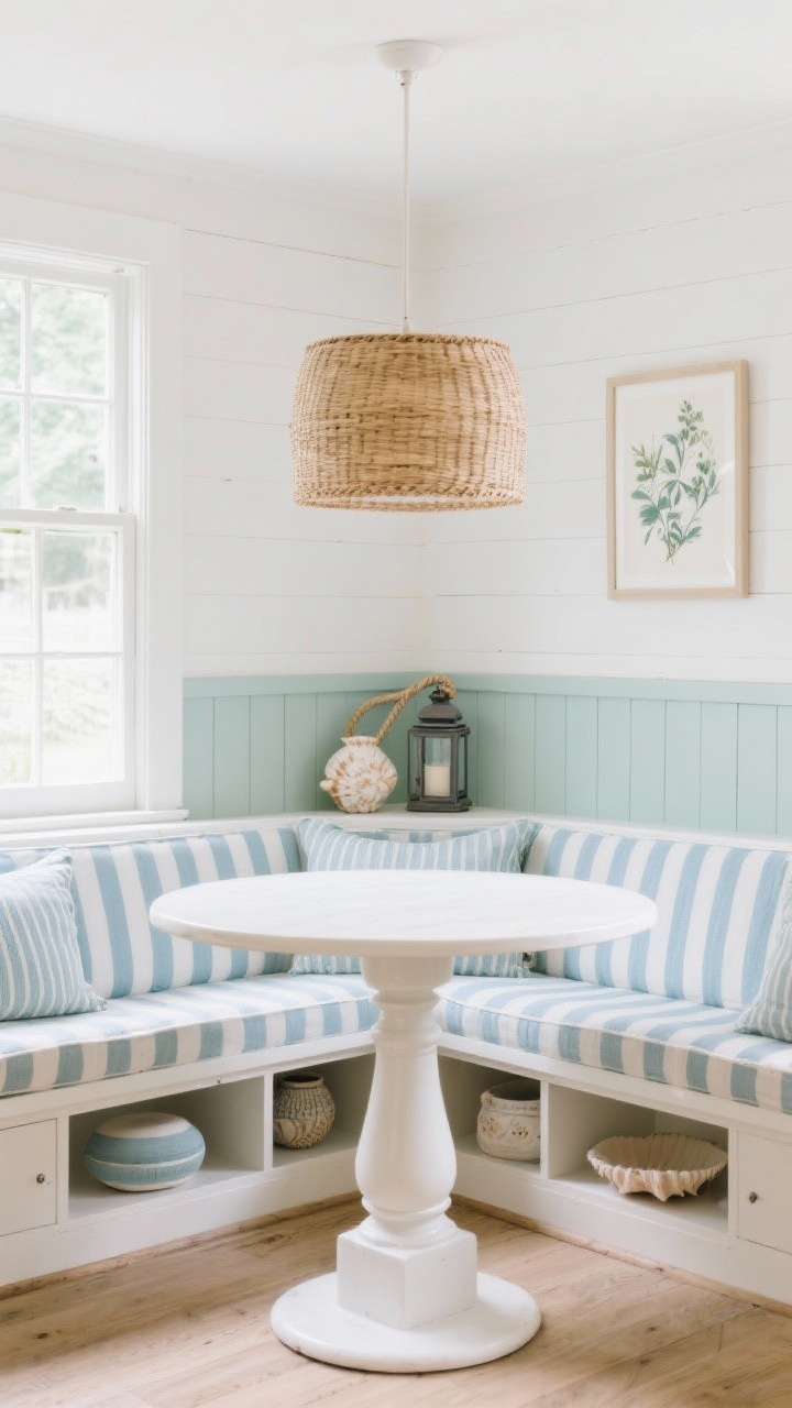 Wide shot, Coastal Cottage Banquette: U-shaped banquette with hidden storage topped with striped ticking cushions in soft blue and crisp white. Round pedestal table in warm white at center. Woven rattan drum shade above casting a soft seaside-like glow. Palette of seafoam, sand, and white. Board-and-batten half wall adding subtle texture. Accessories include shell-inspired ceramics, a small rope-handled lantern, and a botanical print on the wall. Breezy, bright family-friendly mood with daylight and gentle warm ambient light.