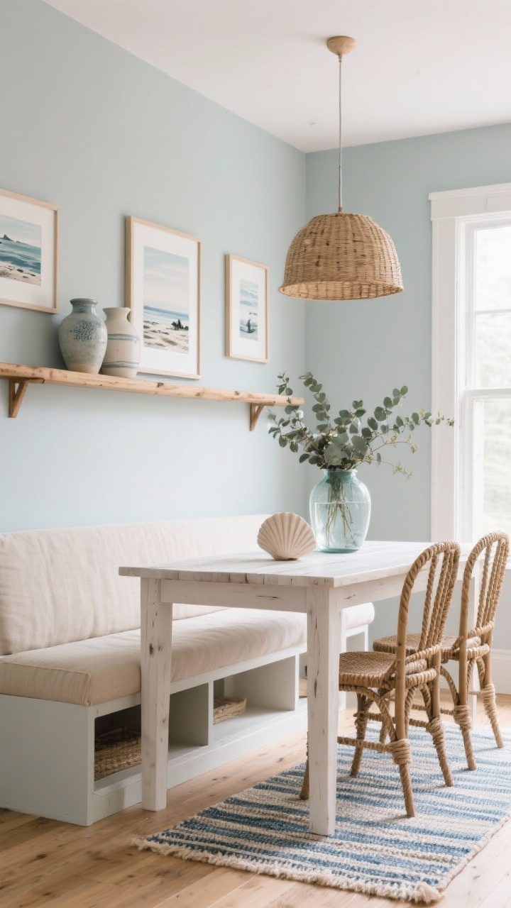 Wide shot, coastal gallery rail with slim banquette: A narrow dining room painted seafoam gray with a natural wood gallery rail running two-thirds up the longest wall, displaying coastal prints and ceramic jugs; along the wall a slim upholstered banquette in sandy linen with hidden-storage base faces a narrow whitewashed oak table; opposite are three rope-wrapped spindle chairs; pale oak flooring with a flatweave blue-and-cream runner rug; woven rattan drum pendant centered over the table; shell-toned ceramics and a large glass vase of eucalyptus on the table; soft morning light, airy beach-cottage mood; photorealistic, straight-on perspective.