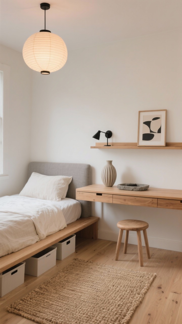 Wide shot, Japandi Nook: A serene small bedroom with pale oak floors and warm white walls, featuring a low 10–12" high oak platform bed with a linen headboard in soft stone gray, a wall-to-wall floating desk (36–48") beneath a long minimal shelf, no desk legs visible. Palette of oak, sand, cream, and matte black accents. A slim matte black sconce over the desk, sculptural ceramic vase, ribbed stone tray, framed abstract print on the shelf. Woven jute rug anchoring the bed, paper lantern ceiling light softly glowing at dusk, backless stool tucked under the desk, two shallow desk drawers and under-bed bins hinted. Photorealistic, calm, uncluttered, straight-on view.