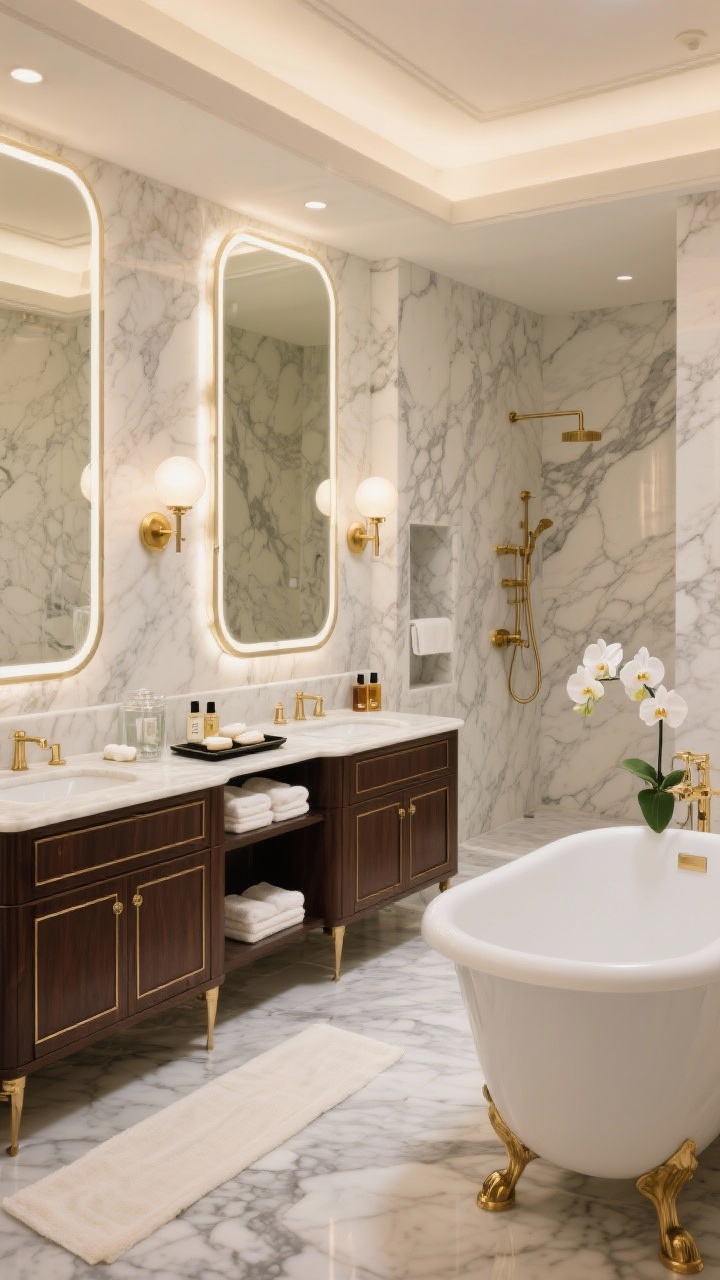 Wide shot, Marble Luxe With Hotel Glam: expansive bathroom clad in large-format Calacatta marble on floors and shower walls with bold veining; double vanity in dark walnut with inset paneling and brass hardware; glowing backlit mirror paired with delicate brass globe sconces; freestanding tub with floor-mounted brass filler; marble-topped niche displaying bath oils; plush hotel-style towels, glass canister for cotton pads, lacquer tray with perfumes; a single white orchid and an ivory runner; polished, five-star ambiance with layered warm lighting; straight-on composition.