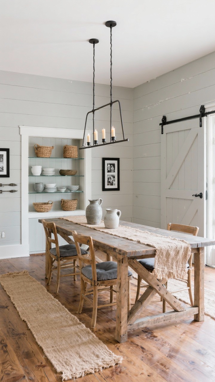 Wide shot, Modern farmhouse: Soft greige shiplap walls framing a slender reclaimed wood trestle table with ladder-back chairs featuring slate cushions; one long wall includes a shallow sliding barn door revealing a niche with glass shelves displaying serveware; two overlapping jute runners elongate the room on warm wood floors; iron linear chandelier with candle bulbs hangs above; decor of stoneware pitchers, woven baskets, and black-framed family photos; balanced rustic-polish mood; angled from doorway to show barn niche and double runners.
