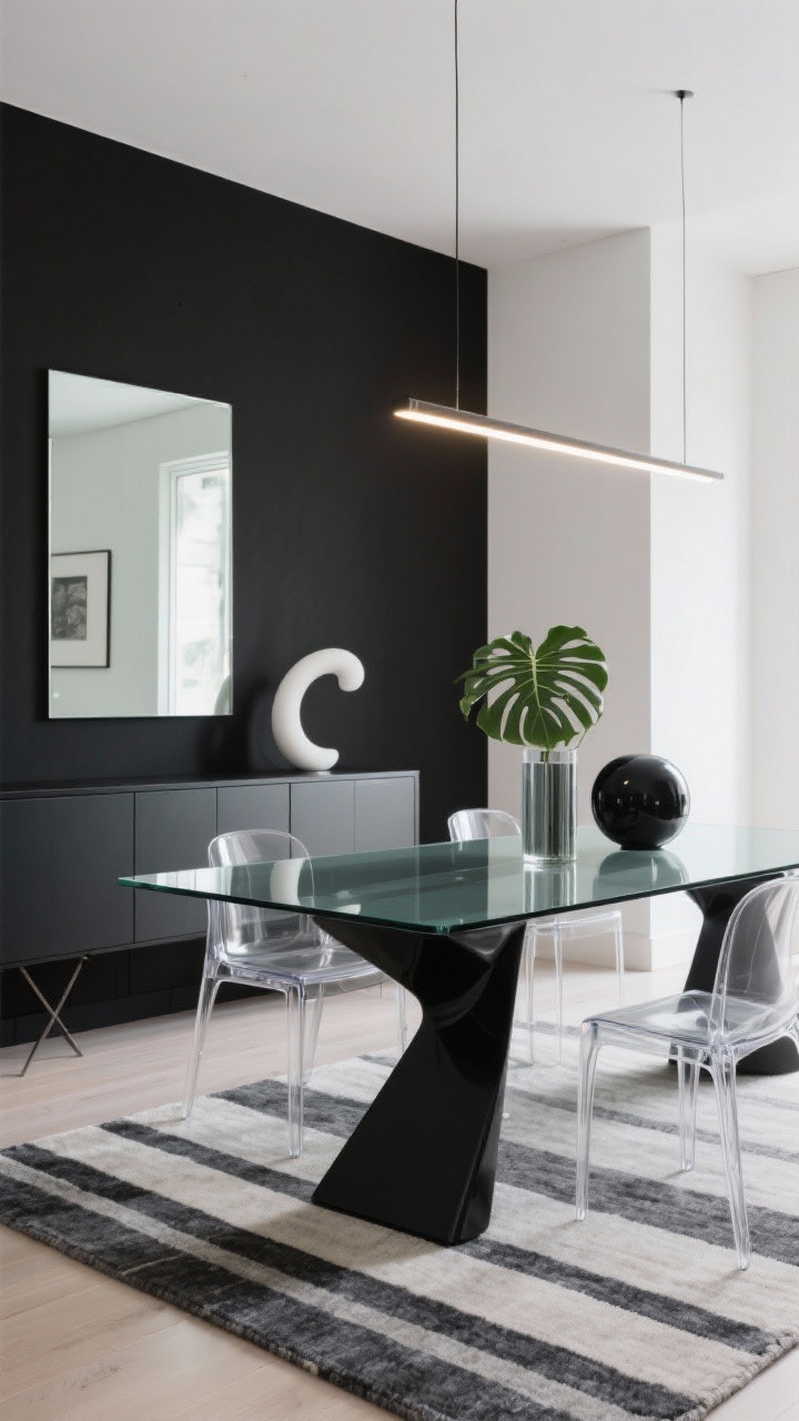 Wide shot, modern glass-top illusion: a rectangular glass-top table on a sculptural black base with transparent acrylic chairs, making the compact dining area feel weightless; an ink-black accent wall behind a sleek floating credenza; a large frameless mirror on the opposite wall doubling light; linear ultra-thin dimmable LED bar pendant above; low-pile rug with charcoal and soft gray stripes elongating the room; tabletop holds a single monstera leaf in a cylinder vase and two sculptural decor pieces (matte black sphere, white ceramic arc); crisp contemporary lighting, gallery-chic, photorealistic.