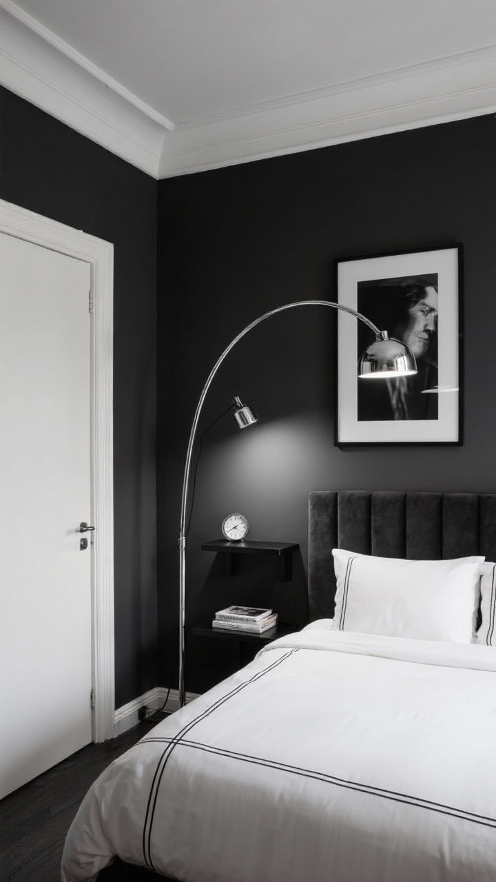 Wide shot, Monochrome Boutique Hotel: compact bedroom fully painted deep charcoal—walls, trim, and door; slim upholstered bed with crisp piping and a stark white duvet that pops; black floating shelves replacing nightstands with a small book and clock; dramatic chrome arc floor lamp arching over the bed; a single oversized black-and-white photo above the headboard line; palette of charcoal, white, chrome; moody, directional lighting; straight-on, gallery-like composition.