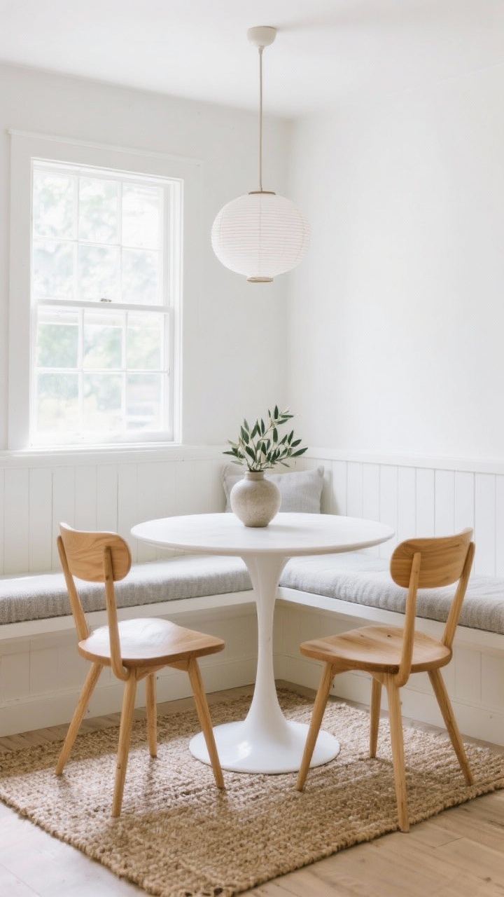 Wide shot, Scandinavian Breakfast Bay: a petite white oak built-in banquette hugging a sunny window, round white tulip table centered, two slim wishbone chairs in warm blond wood, airy palette of soft whites, blond wood, and powder gray. Textured linen seat cushion on the banquette, low-profile jute rug underfoot. A slender paper lantern pendant overhead diffusing soft morning light. On the table, a single stoneware vase with olive branches. Clean lines, serene and bright, straight-on view with natural daylight filling the space.