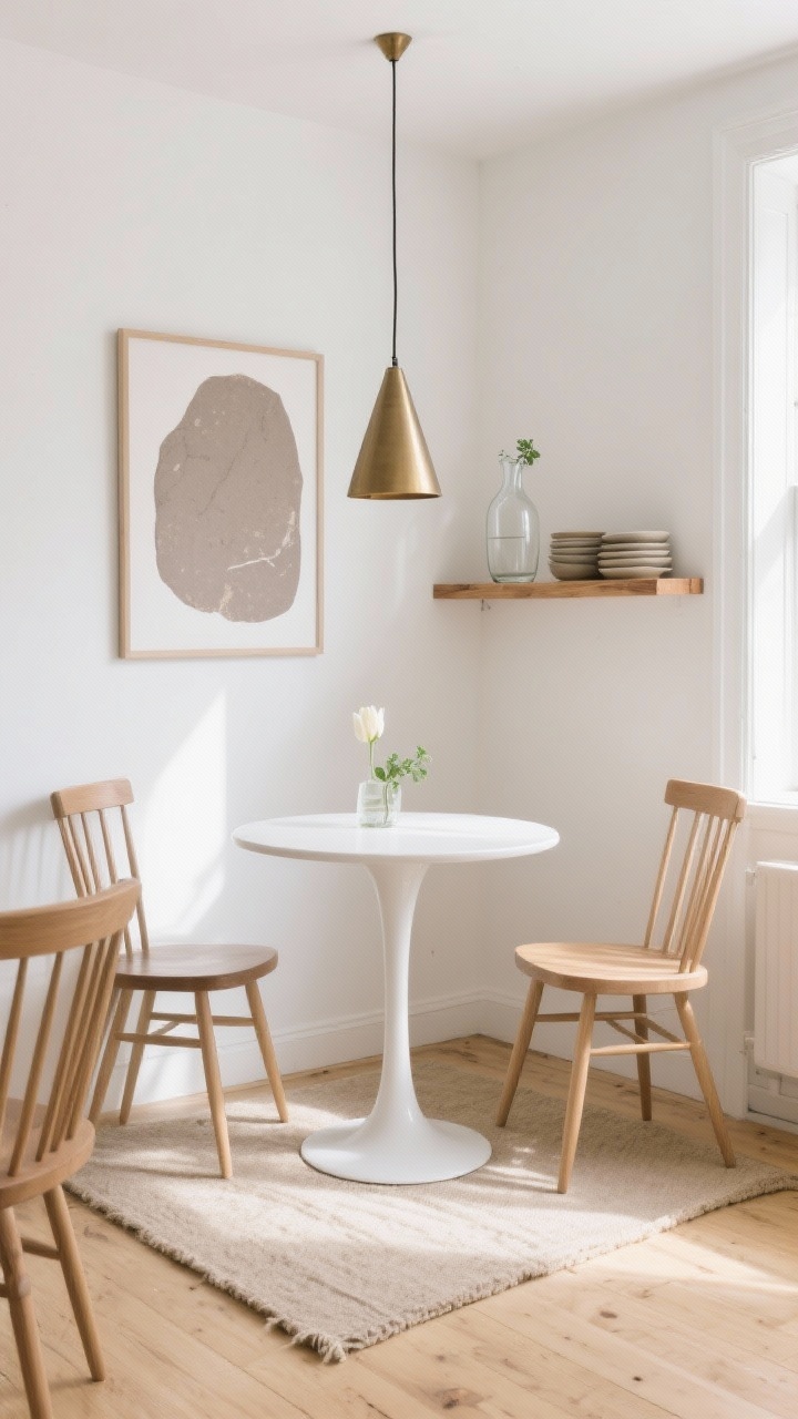 Wide shot, Scandinavian café nook: a sunlit corner with a round white tulip table centered on a beige linen rug atop a blond wood floor, surrounded by slim natural-oak spindle chairs; soft white walls with one oversized muted taupe-and-stone abstract print; a small matte brass cone pendant hanging low over the table; a narrow wall-hung oak ledge shelf displaying a clear glass carafe, mini plants, and stacked stoneware plates; bright natural daylight, airy minimal mood, clean lines, no clutter, photorealistic.